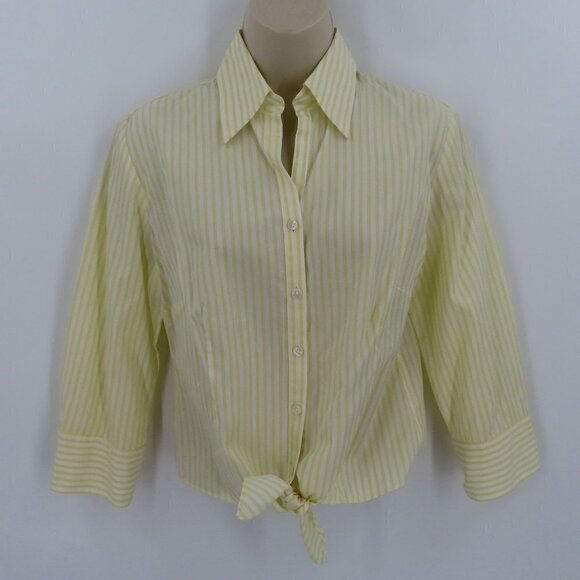 LOFT Ann Taylor Womens 6 Yellow White Stripe Collared Button Tie Blouse Shirt - Picture 10 of 11